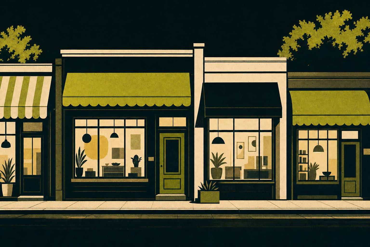 A row of small shopfronts at dusk, awnings out and windows lit from inside.