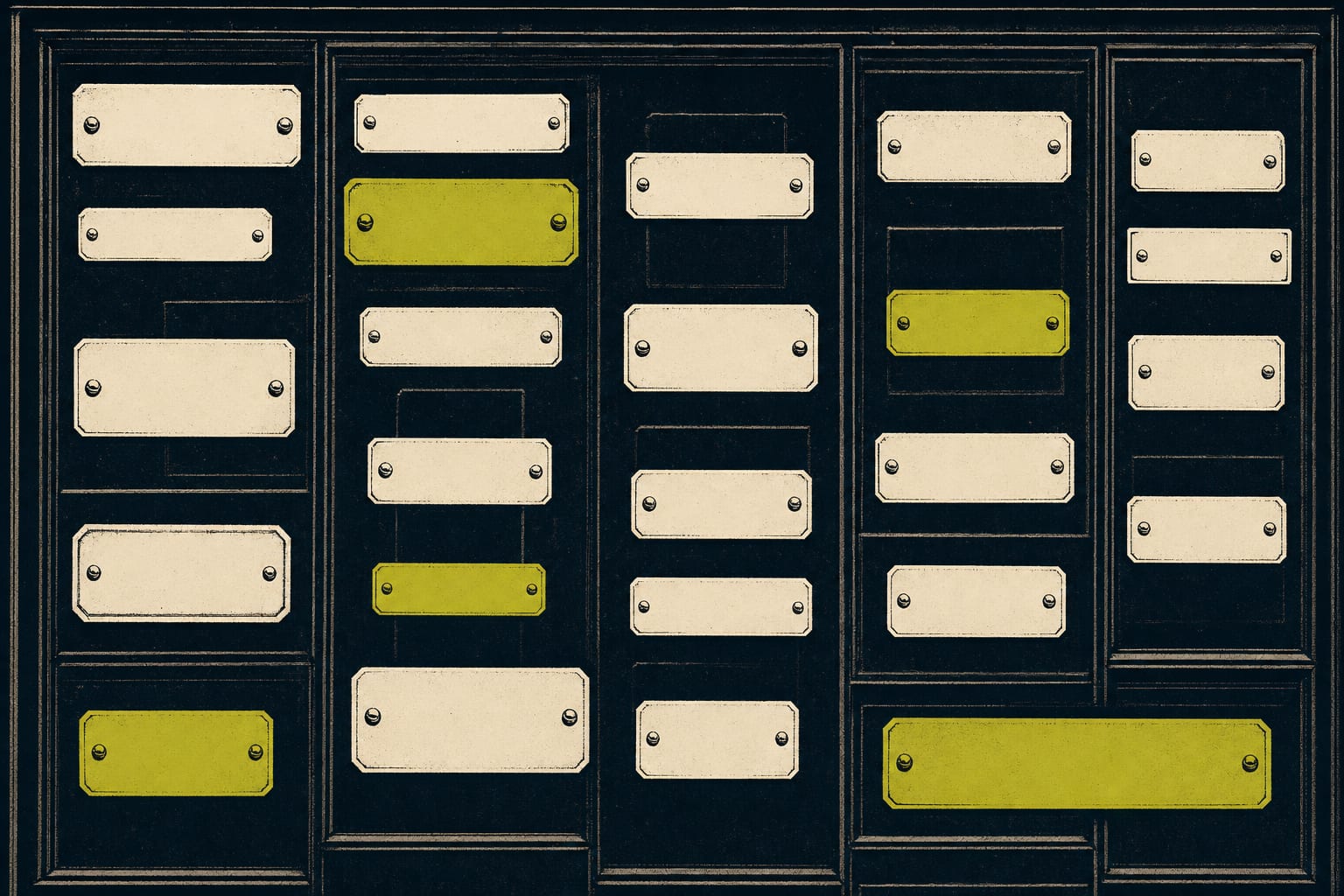 A wall of blank enamel door plates of varying sizes, screwed to a dark panelled surface.
