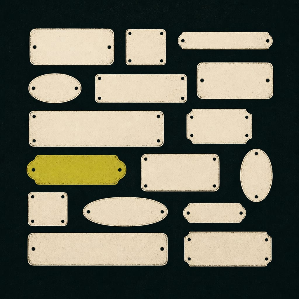 A grid of blank enamel plates of differing proportions, arranged like an index board.