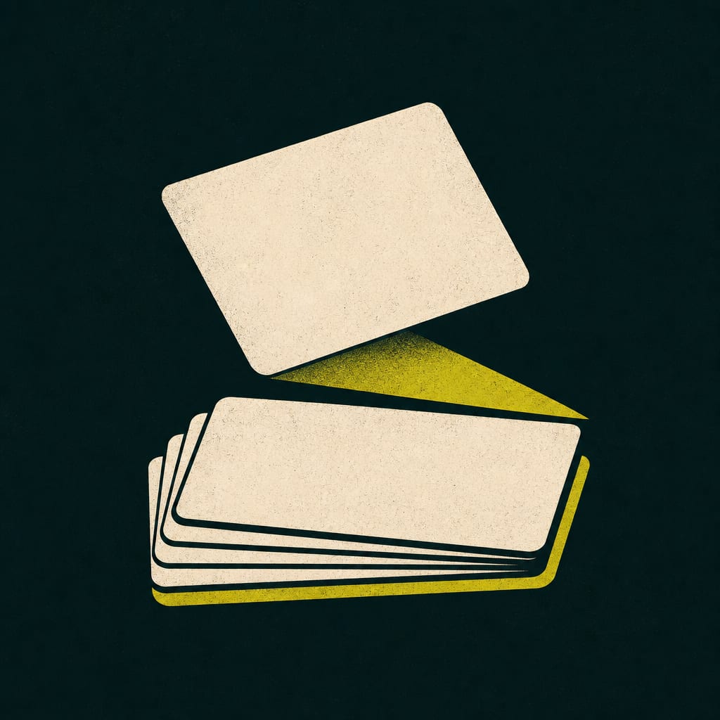 A small stack of blank cards fanned slightly, one lifted clear of the stack.